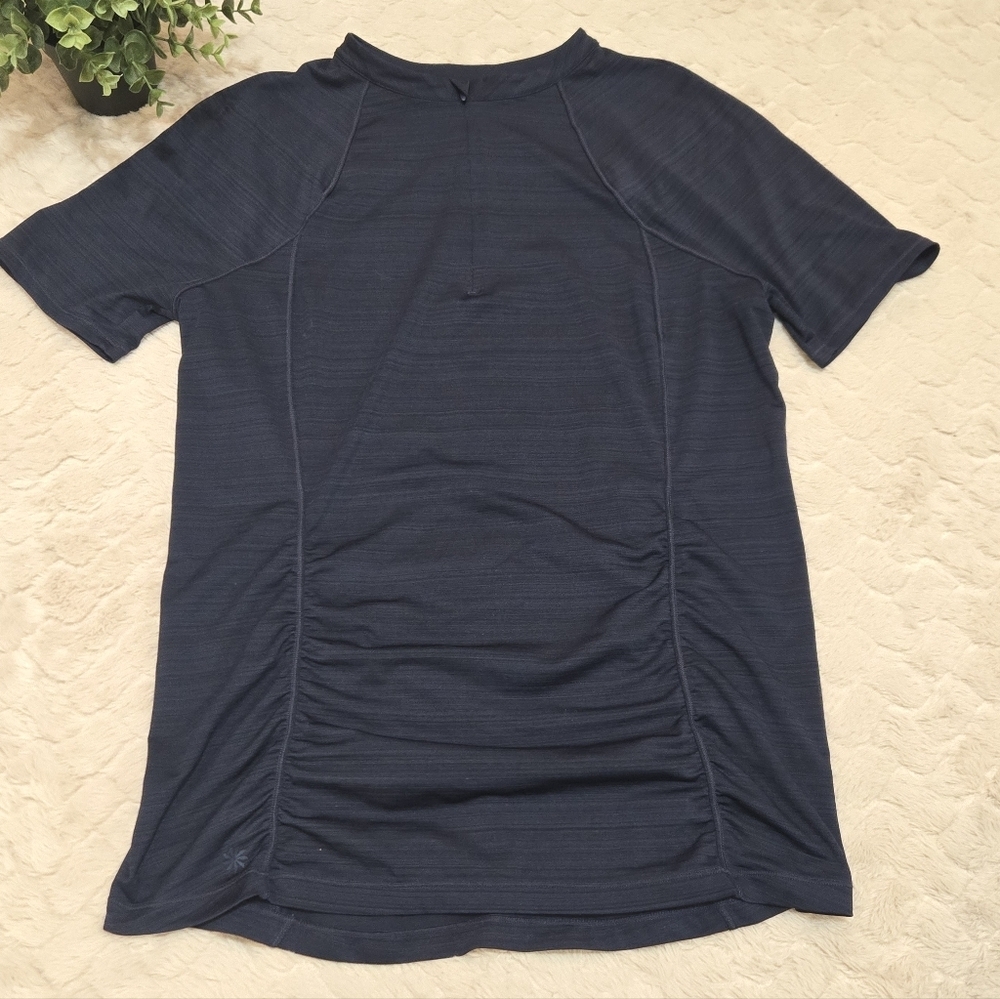 Athleta Navy Blue Fastest Runner Ruched Top with Back Zipper Pockets, Size Large